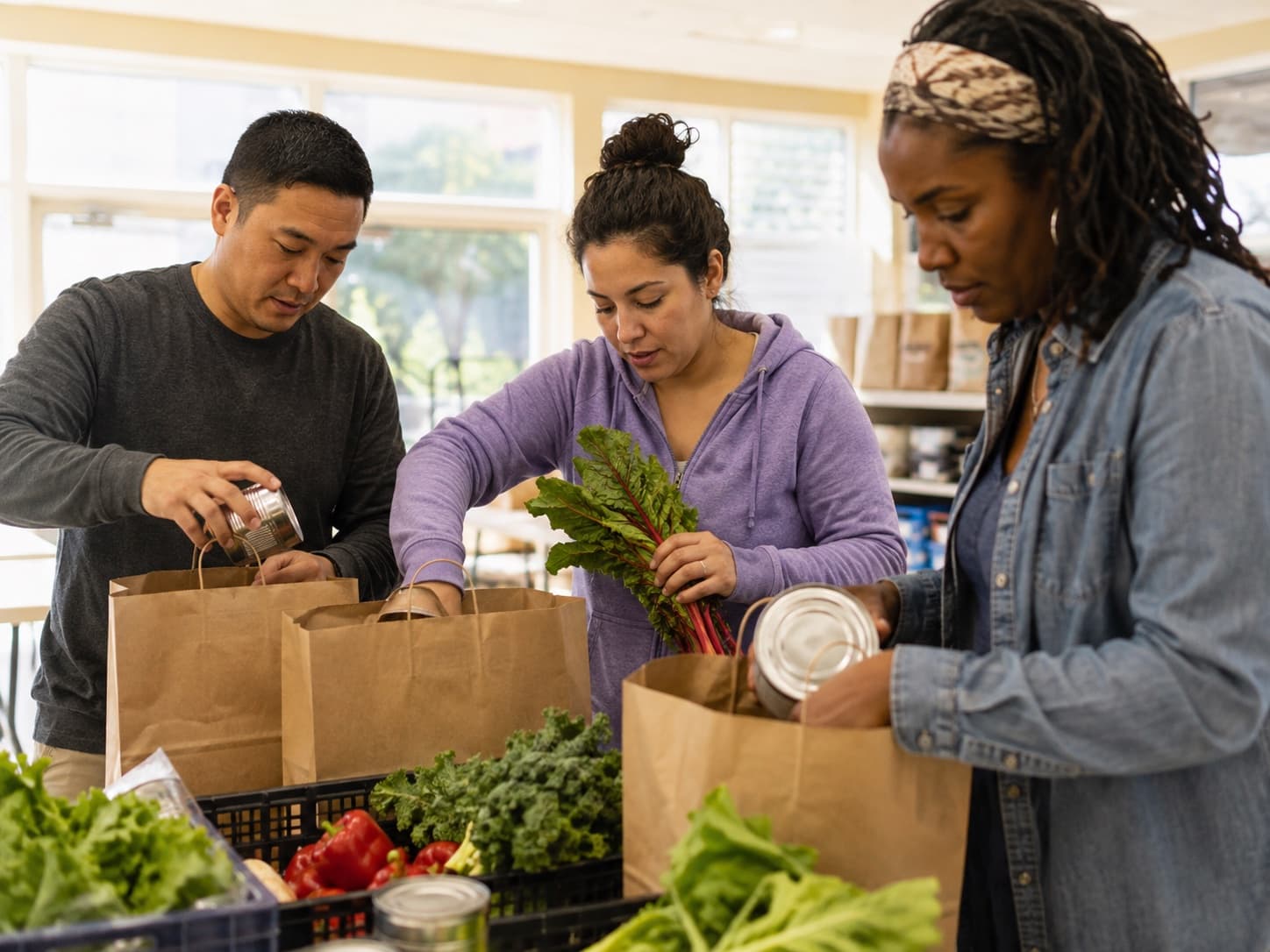 Three community pantry volunteers packing food bags together