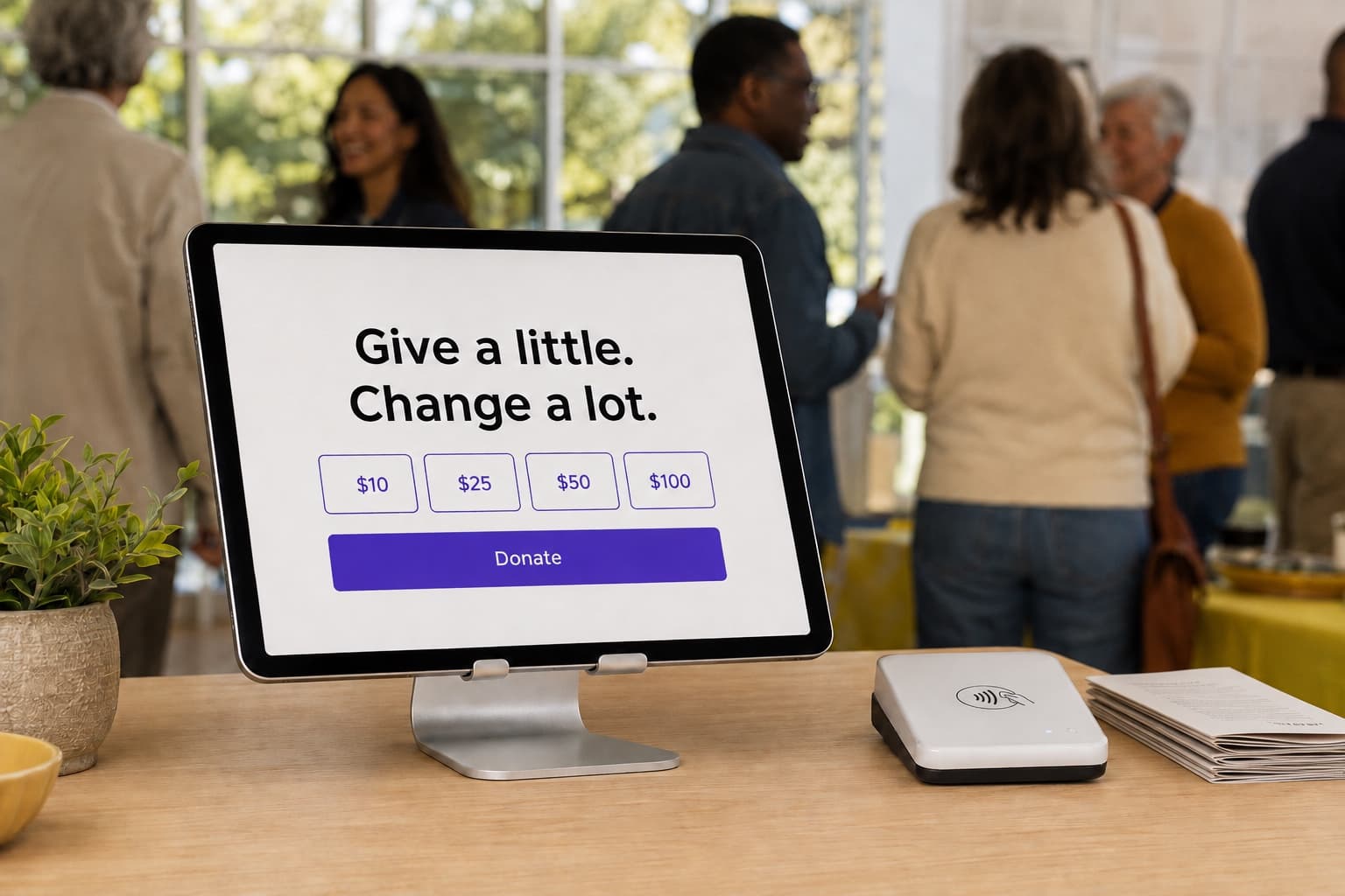 An iPad giving station and separate card reader on a community welcome table